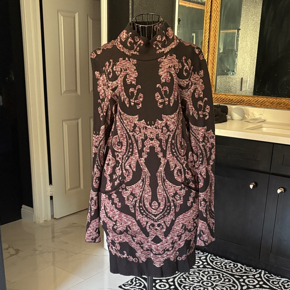 1970s Free People Pink and Black Midi Dress Boho hippie style long sleeves